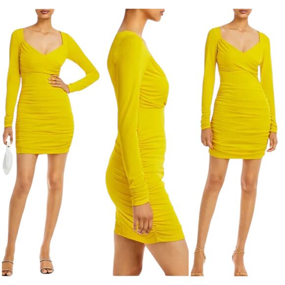 Cinq à Sept NWT Miah Ruched Mini Dress Pineapple Yellow Size 4 Long Sleeve - Picture 2 of 14